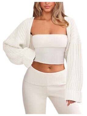 Chunky Knit Cropped Cardigan Bolero Shrug Open Front Long Sleeve